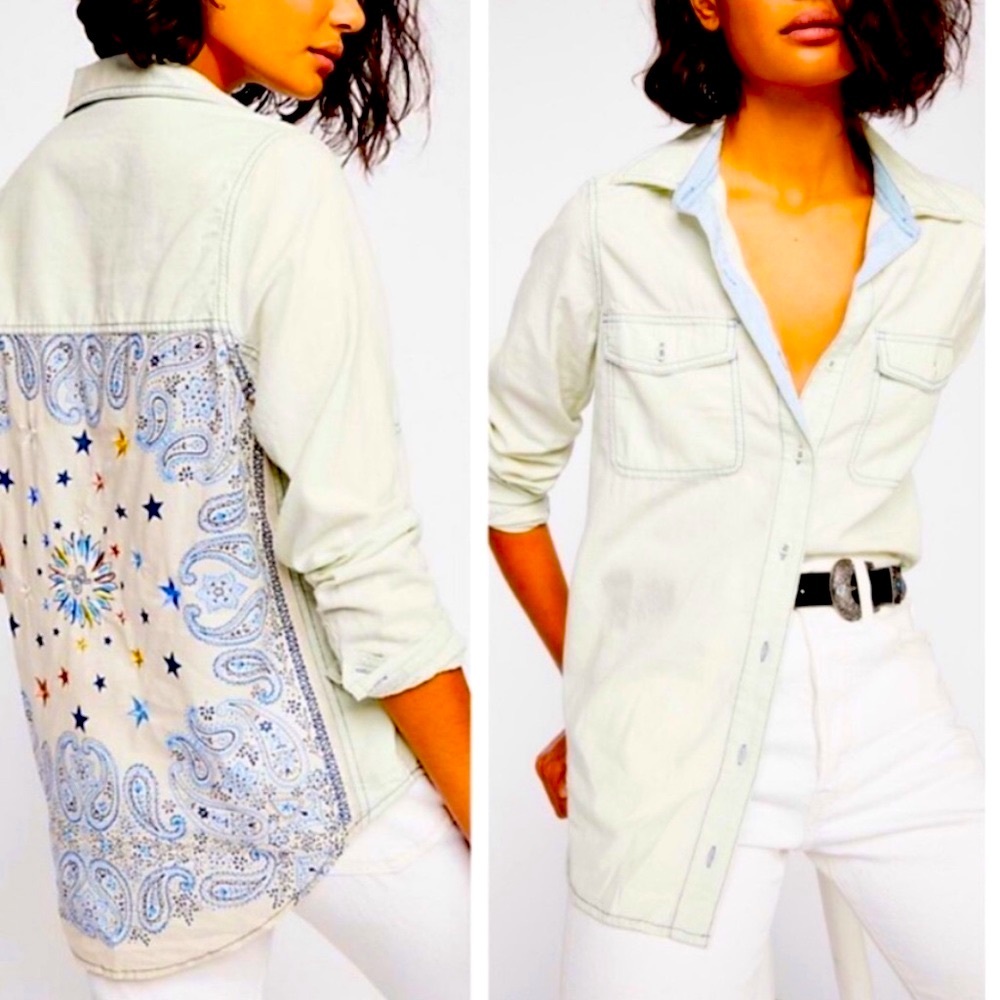 New Free People Bandana Bandit XS & M Blue Paisley Buttondown Embroidered Denim